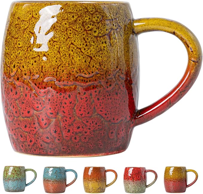 Handmade 22oz Ceramic Coffee Mug, Ergonomic Large Handle, Ideal Gift for Coffee Lovers, Microwave & Dishwasher Safe (Bas-Relief - Yellow&Red)