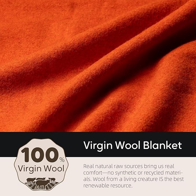 Molithe 100% Wool Blanket, 62" x 86", Warm, Thick, Washable, Military Wool Blanket, Great for Camping, Outdoors, Sporting Events, Survival Kits, OrangeRed