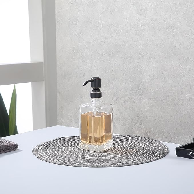 13.5 Oz Clear Glass Soap Dispenser with Rust Proof Stainless Steel Pump, Antique Design Refillable Square Lotion Dispenser for Bathroom, Premium Kitchen Hand Soap (Oil Rubbed Bronze)