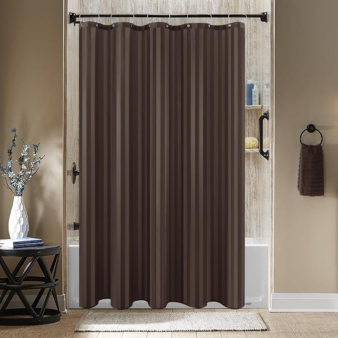 Biscaynebay Fabric Shower Curtain or Liner 72" by 72", Brown Water Repellent Damask Stripes Bathroom Curtains Machine Washable