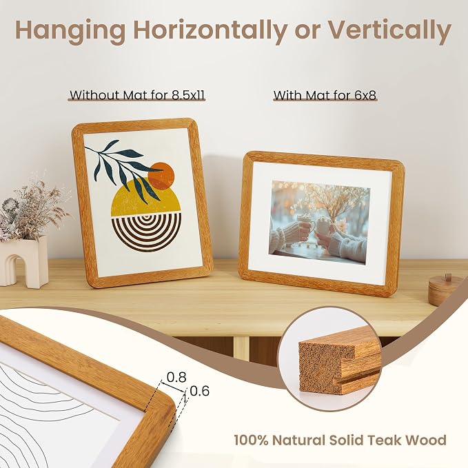 Fun Memories 8.5x11 Picture Frame - Solid Teak Wood Diploma & Certificate Frame, 8.5x11 Frame with Mat for 6x8 Photos, Awards & Achievements, Tabletop and Wall Display with Real Glass, Natural Teak
