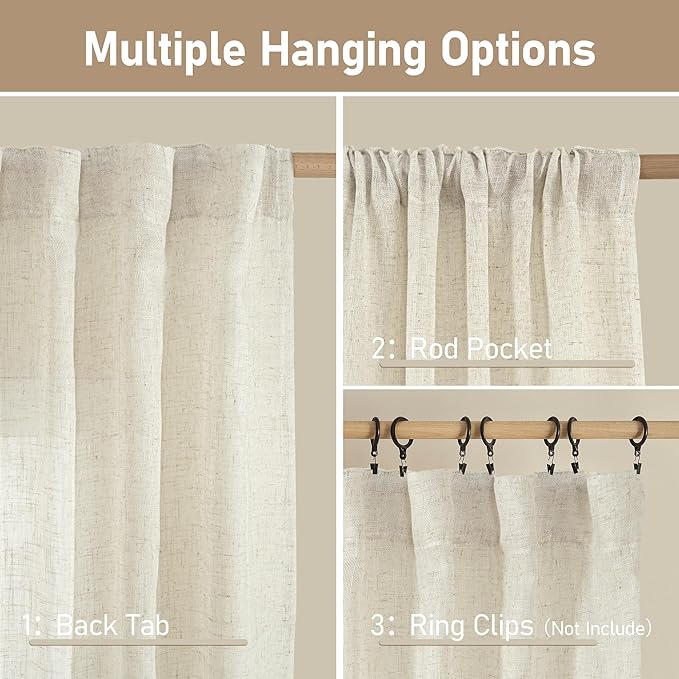 LAMIT Natural Linen Semi Sheer Curtains 80 Inch Length, Light Filtering Neutral Window Curtains Farmhouse Boho Back Tab and Rod Pocket Panels, Natural Cream Ivory, 2 Panels, 52 x 80 Inch