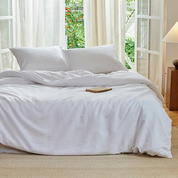Simple&Opulence Linen Duvet Cover Set Queen Size - French Linen Cotton Woven Blend in White Color, 3 Pieces (1 Comforter Cover 88x92” + 2 Pillowcases), Soft & Breathable All-Season Farmhouse Bedding