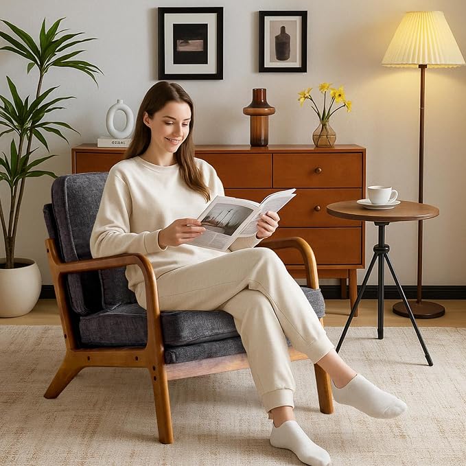 Karl home Mid-Century Modern Accent Reading Chair, Grey | Chenille Upholstered, Solid Wood Frame, Soft Cushion, Lumbar Pillow, Lounge Armchair for Living Room, Bedroom, Balcony, Study