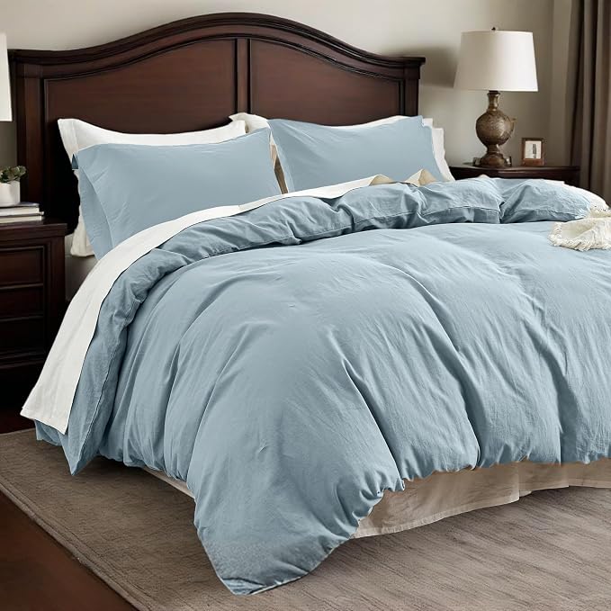 QKTE French Linen Duvet Cover Set, 3 PCS Natural French Flax Dusty Blue Duvet Cover Queen Size, Breathable Soft Comfy Linen Bedding Comforter Cover with 2 Pillowcases(Dusty Blue, 88" x 92")