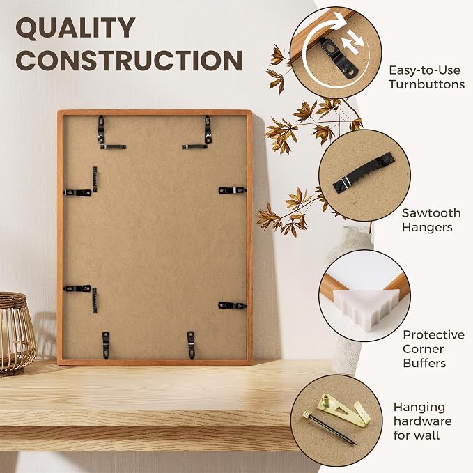 12x16 Picture Frame, USA-Sourced Teak Wood Picture Frame 12 x 16 for Art & Poster Display, 12x16 Frame with High Tempered Glass, Wooden Frame Matted to 8.5x11 Photo Wall Mounted, 1 Pack