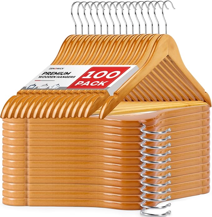 Wooden Hangers 100 Pack, Heavy Duty Wood Hangers for Coats, Suits, Jackets, Closet & Pants Durable Premium Wood Hanger with 360-Degree Rotatable Hook and Notches, Natural