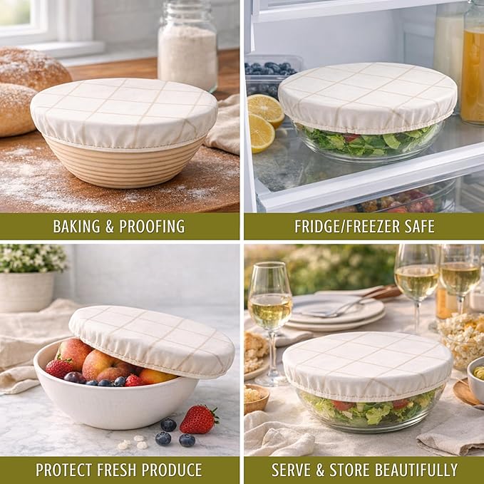 Nectar & Nest Reusable Bowl Covers for Bread Proofing - Beeswax Bowl Covers Reusable, 100% Organic Cotton, Elastic Cover for Sourdough, Dough Proofing and Food Storage, Compostable