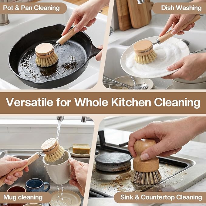 5 Pcs Bamboo Dish Brush Set Includes 1 Wooden Handle with 3 Natural Replaceable Bristle Heads and 1 Handheld Bamboo Wok Brush Scrubber for Dishes Pans Pots Fruit and Veggie Washing(Style B)