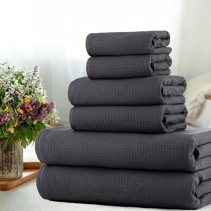 CASA COPENHAGEN Waffle 6Pcs 100% Egyptian Cotton Large Designer Towels Gift Set- Silver Grey, 2Bath 2Hand 2Washcloths, Bath Towels for Bathroom (Box Pack, Set for Women & Men)