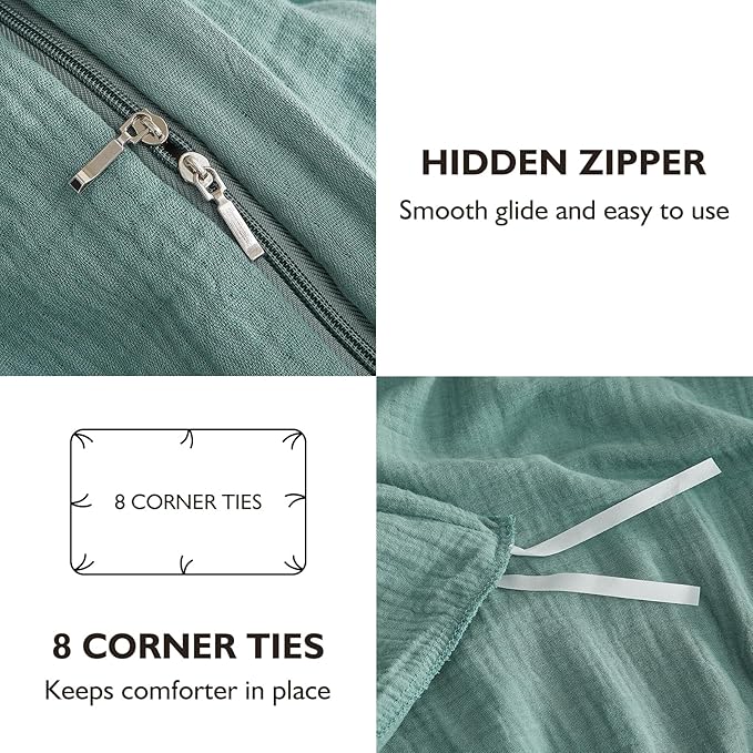 EMME Muslin Cotton Duvet Cover Set Queen Size Linen Like Soft Breathable Lightweight Summer Comforter Cover Set with Zipper Closure (Teal, Queen, 90"x90")