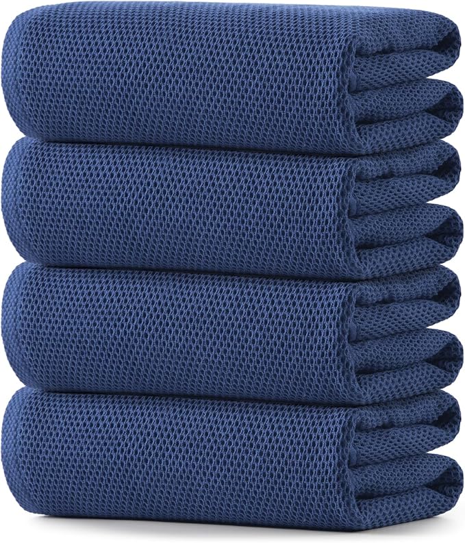 REDKISS 100% Cotton Waffle Weave Bath Towels 4 Pack - 27.5x55 Inches| Lightweight, Quick Dry & Highly Absorbent,Perfect for Spa, Gym, Travel, Guest Bathroom-Blue