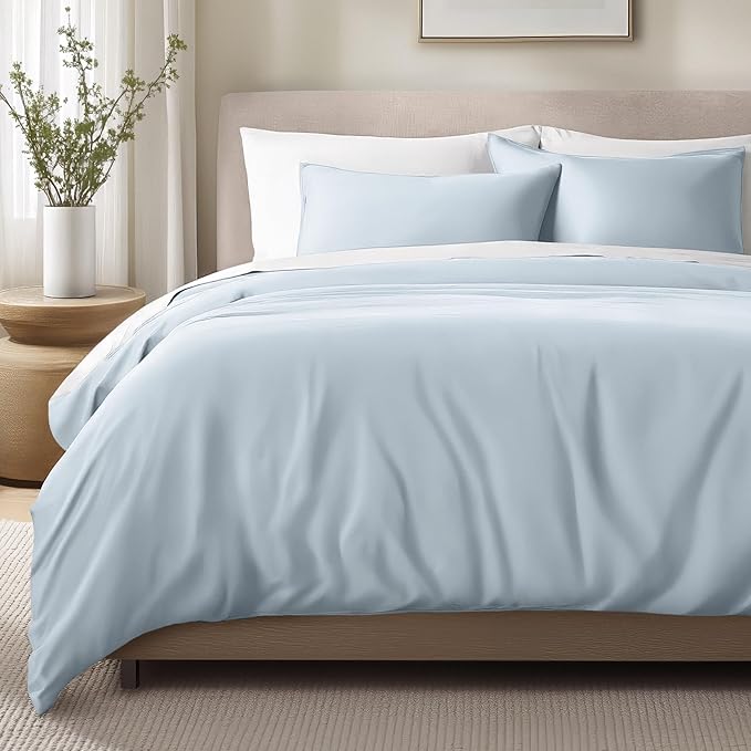 Bare Home 100% Organic Cotton Sateen Duvet Cover Set - Extra Long Size - 400 Thread Count - Smooth Sateen Weave - Warm & Luxurious - Duvet Cover (Twin/Twin XL, Winter Blue)