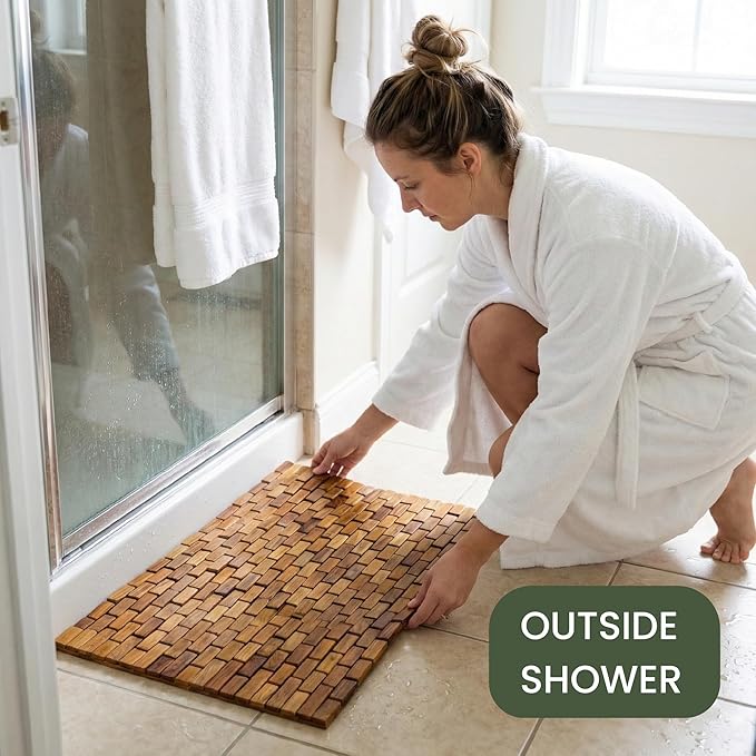 Teak Wood Bath & Shower Mat (30" x 16.5") | Wooden Floor Mat for Bathtub & Spa | Foldable & Non Slip Bathmat