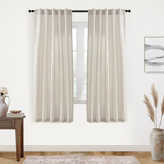 XTMYI Oatmeal Beige Back Tab/Hook Belt Linen Cotton Sheer Curtains 72 Inch Length for Bedroom 2 Panels Set