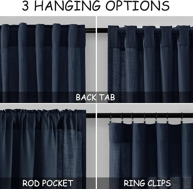 Linen Navy Blue Curtains 108 inch Extra Long for Living Room Back Tab Light Filtering Semi Sheer Drapes Modern Farmhouse Coastal Decor Textured Curtain for Floor to Ceiling High Window 52x108