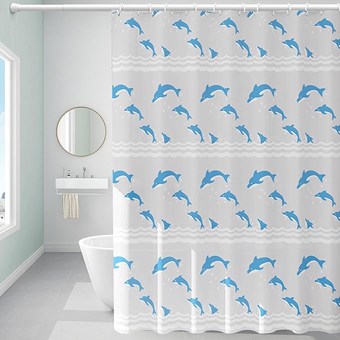 Plastic Shower Curtain Liner, Premium EVA 6G Dolphin Shower Curtain, Shower Curtains for Bathroom with 3 Magnetic Weights and Rustproof Grommets (Dolphin, 72x72 in)