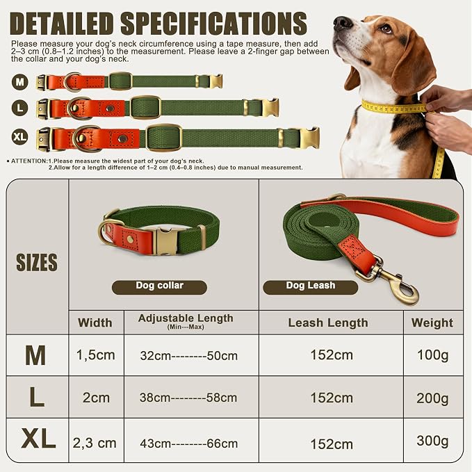 Dog Collar and Leash Set with Metal Quick Release Buckle, Adjustable, Breathable Nylon, Durable, Soft and Comfortable, No Pull for Walking and Training, Green, L (14.9"-22.8")