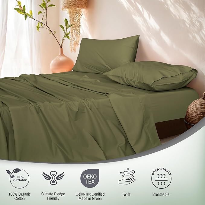 RUVANTI 100% Cotton Organic Percale Sheets Twin XL Size – Crisp Cooling Bed Sheets for Hot Sleepers, Deep Pocket 15”, Soft Peach Finish, Breathable & Durable Hotel-Style 3 Pcs, Olive