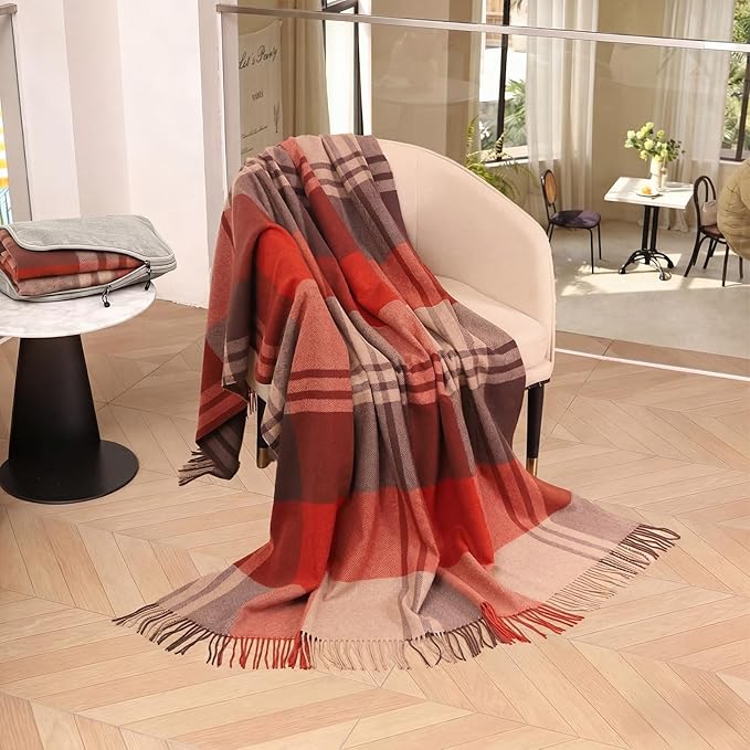 100% Wool Blanket Throw,Red Plaid Wool Blanket with Compact Bag, Rustic Soft Lightweight Blanket for Couch, Sofa, Bed & Lounging Decoration, Warm Travel Blanket for Home, Airplane,Ideal Gifts 55"x83"