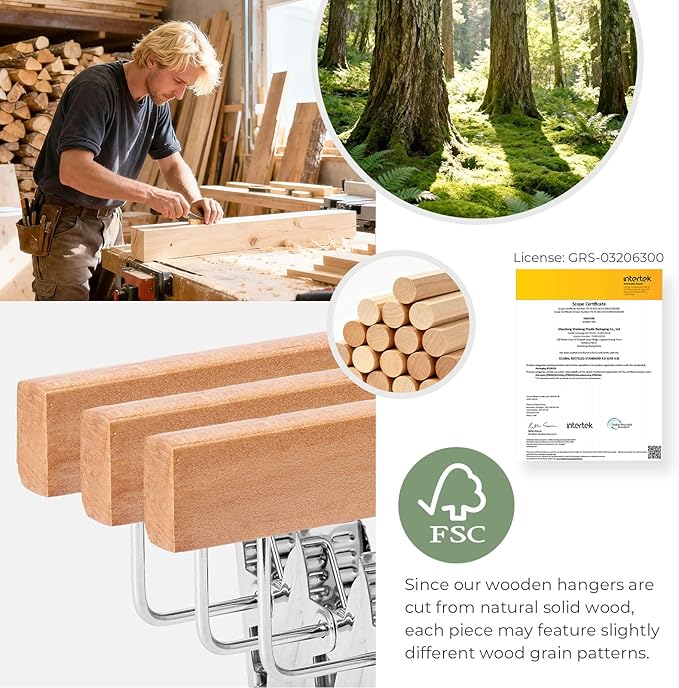 HOUSE DAY Wooden Pants Hangers with Clips, Solid Lotus Deluxe Wood Skirt Hangers, Heavy Duty & Anti-Rust Hook for Wrinkle-Free Slacks, Skirts, Jeans, Space Saving for Closet 10 Pack (Natural)