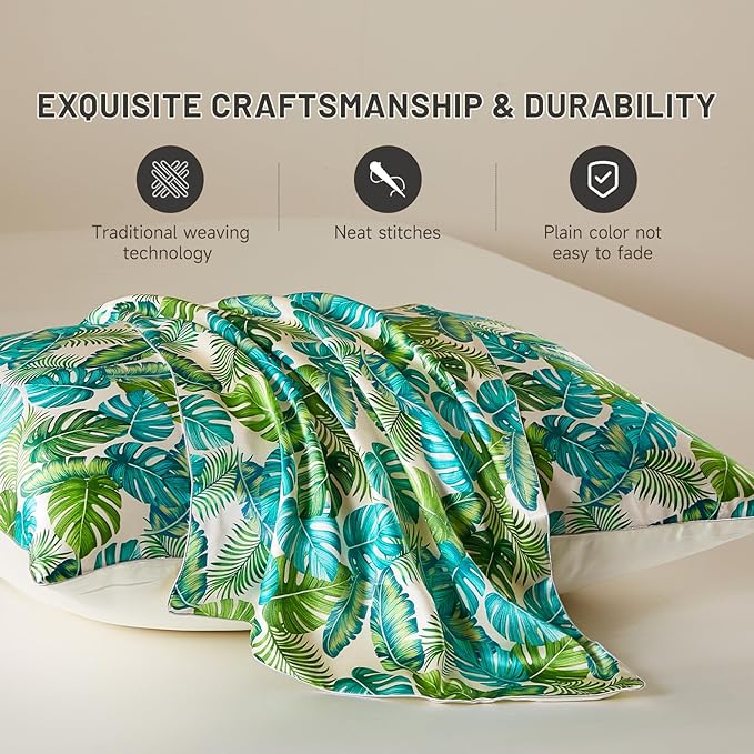 THXSILK Set of 2 Natural Mulberry Silk Pillowcase for Hair and Skin, Mulberry Silk Bed Pillow Cover with Hidden Zipper, Hypoallergenic Organic Silk Pillowcase (King 20"x36", Green Monstera Print)
