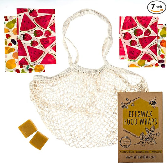 7 Pc Beeswax Wraps for Food Snacks, Sandwich, Bread - Reusable Eco Friendly Kitchen Storage and Zero Waste - 4 Wraps, 2 Beeswax Bars and Cotton Mesh Market Bag - Alternative Imagination