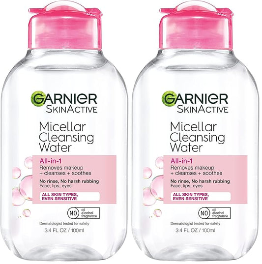 Garnier Micellar Cleansing Water,All-in-1 Makeup Remover and Facial Cleanser,For All Skin Types,3.4 Fl Oz (100mL),(Packaging May Vary),(Pack of 2)