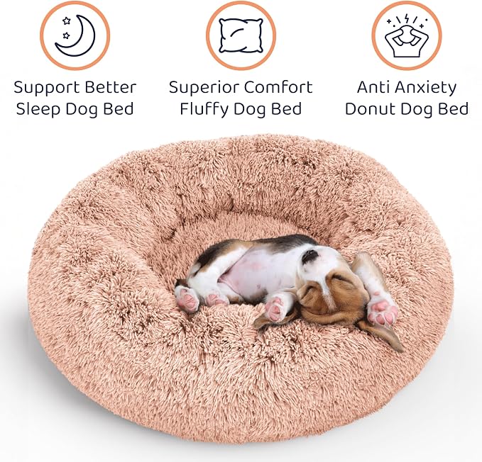 Petloox Donut Dog Bed - Premium Comfort for Anxiety Relief - Fluffy & Calming Design with Ultra-Plush Support | Cozy Round Dog Bed with Super Soft Circle Style (Pink, Small)