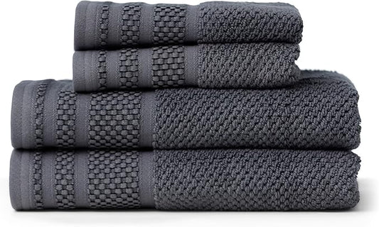 Texere 100% Organic Cotton Rice Weave Jacquard 700 GSM Luxury Bath Towel Sets - Ultra Soft and Absorbent Hotel and Spa Quality (Rice Weave, Charcoal, 2 Hand & 2 Face Towels)