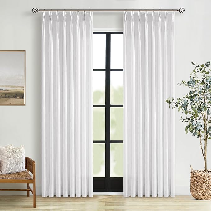 White Linen Pinch Pleated Curtains 108 Inches Long 2 Panels for Living Room Bedroom Light Filtering Linen Drapes 108 Inch Length Back Tab Semi Sheer Memory Shape Trained Ceiling to Floor Curtain 9Ft