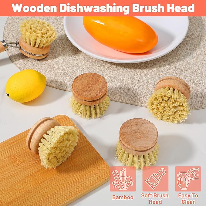 12 Pcs Bamboo Dish Brush Replacement Heads, Small Wooden Dish Brushes for Cleaning Natural Sisal Bristle Refills Eco Friendly Wood Compostable Scrubber Heads for Kitchen Dishes Cleaning Supplies