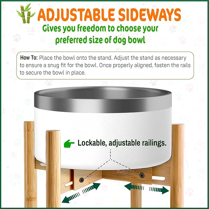 Dog Bowl Stand for Small-to-Medium Dogs - Adjustable, Easy Fold-Down, Comes with Foot Pads and Assembly Tool - Bamboo