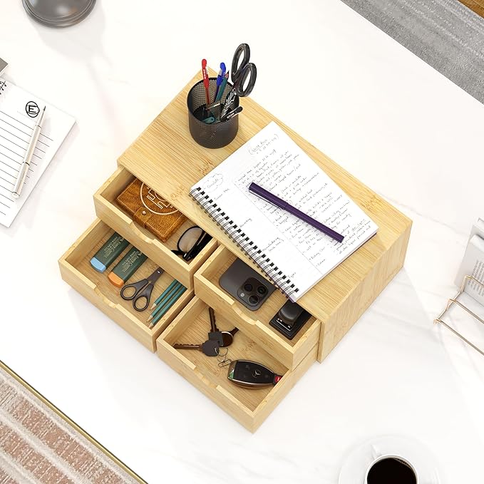 Wisuce Desk Organizer with Drawers - Bamboo Desktop Organizer Storage | White-Natural Wood Desk Drawers Organizer for Bills, Office Supplies, Cosmetics, Seals No Assembly Required(4 drawers)
