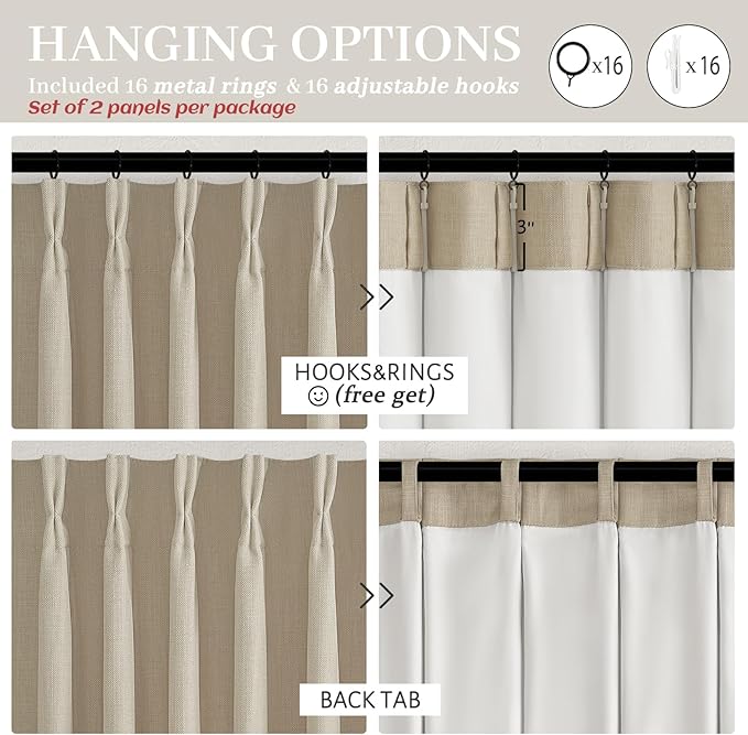 Natural Linen 70 Inch Extra Wide Pleated Curtains 102 Inches Long for Sliding Glass Door 2 Panels Set, Memory Trained Blackout Dual Layer Linen Insulated Rustic Curtain Noise Blocking Windows Drapes