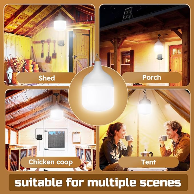 Solar Shed Light Indoor Outdoor, 2200LM Pendant Light Daytime Available with Pull String, Dusk to Dawn Solar Indoor Lights, 3 Lighting Modes, IP65 Waterproof for Barn, Gazebo, Shop, Garage