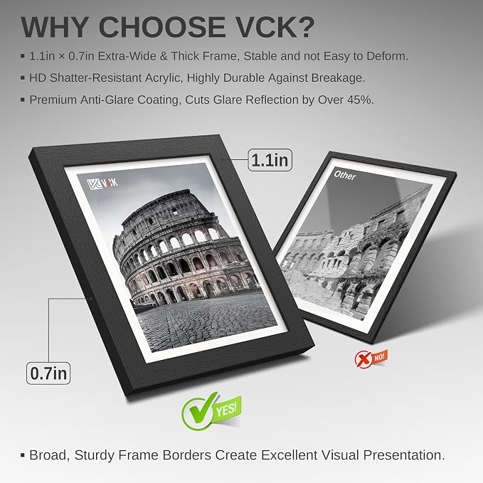 VCK 11x14 Picture Frame Black - 2 Pack, Gallery-Quality Wood Poster Frames, 1.1-Inch Wide Border, Polished Plexiglass, Vertical or Horizontal Wall Display for Photo/Certificates/Prints, Black