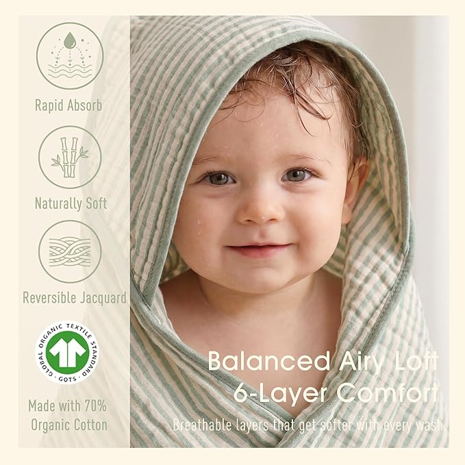 Ultra-Soft Muslin Baby Towel - 32 x 32 Inches, Ideal for Bath & Beach, Suitable for Both Boys & Girls from Newborns to Toddlers (Sage Green Stripes)
