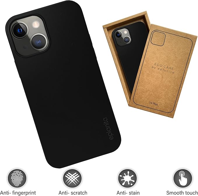 eplanita Eco Mobile Phone Case Compatible with iPhone 15 Plus, Plant Fiber, Drop Protection Cover, Durable and Sustainable (for iPhone 15 Plus, Black)