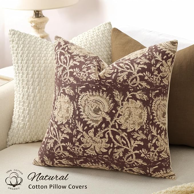 Vintage Floral Print Throw Pillow Covers 26x26 Set of 2 Neutral Modern Farmhouse Accent Decorative Cushion Covers Boho Home Decor for Couch Sofa Chair Bed Living Room, Oxblood