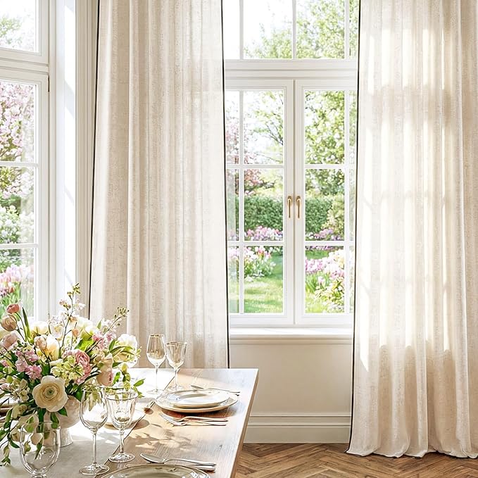 jinchan Beige Linen Blend Curtains with Black Trim, French Style Drapes for Living Room Bedroom 2 Panels 96 Inches Length Neutral Curtains Farmhouse Modern Window Treatment with Rod Pocket Back Tab