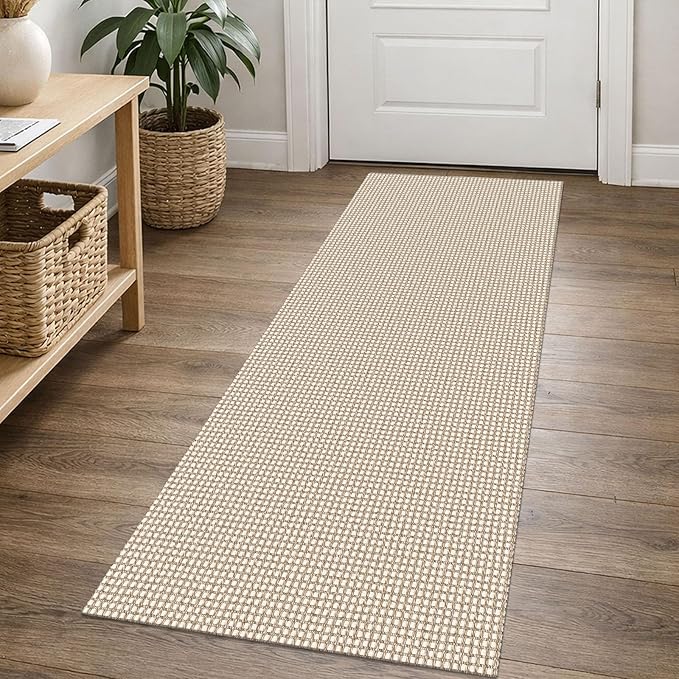 EARTHALL Woven Runner Rug 2x5 Ft Washable Runners for Hallways Cotton Non Slip Rubber Backed Kitchen Runner Braided Indoor Floor Carpet for Entryway, Hallway, Kitchen, Bedroom, Beige/Ivory