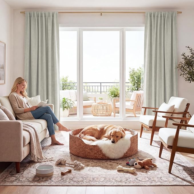 RYB HOME Cream Color 100% Blackout Curtains for Bedroom 102 inch Long 52 inch Wide, Linen Blackout Curtains Privacy Protection& Thermal Insulated for Sliding Door/Living Room, 2 Panels