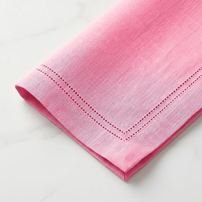 Solino Home Linen Cloth Napkins Set of 4-100% Pure Linen Pink Carnation Dinner Napkins 20 x 20 Inch - Maison Washed Hemstitch, Handcrafted and Machine Washable - Summer