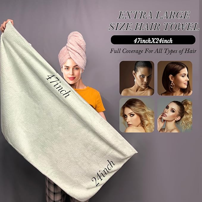 Chloven 2 Pack Extra Large Microfiber Hair Towel - Anti-Frizz Hair Drying Towel for Women，Ultra Absorbent & Lightweight Hair Towel Wrap for Long & Thick Hair,Breathable Hair Turbans with Elastic Band