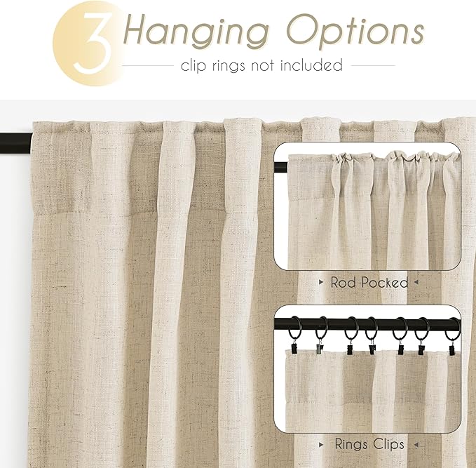 Faux Linen Beige Curtains 84 Inches Long for Living Room Rustic Farmhouse Semi Sheer Drapes Set of 2 Panels 52x84 Khaki Tan