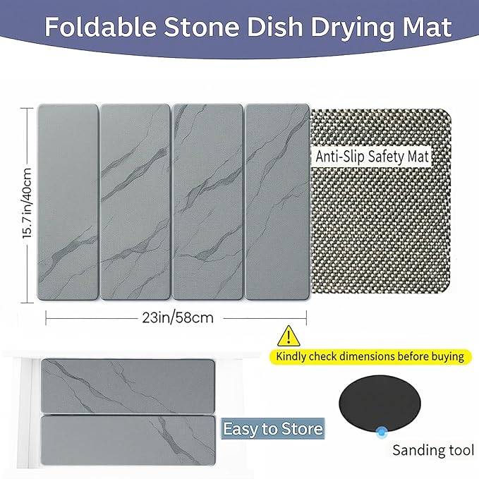 Stone Drying Mat for Kitchen Counter,24"×16" Diatomaceous Earth Dish Drying Mat, Absorbent Drying Stone Mat for Modern Kitchen Countertop (Dark Gray, Large)