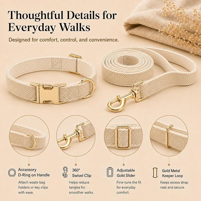 Herringbone Tweed Dog Collar and Leash Set for Medium Dogs,Light Beige | Snag-free, no-rub design. Soft breathable cotton, gentle on fur. Adjustable durable matching combo for walks & outdoors.