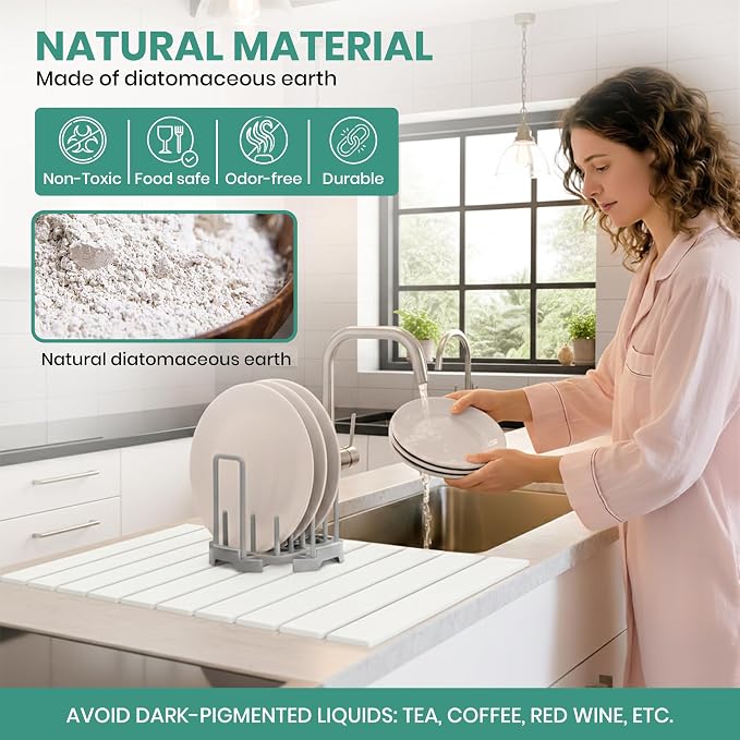 Stone Dish Drying Mat for Kitchen Counter - 23x15 Large Quick Dry Stone Mat Kitchen, Absorbent Diatomaceous Earth Kitchen Drying Mats for Countertops, Fast Drying Stone Sink Mat for Dishes and Cups