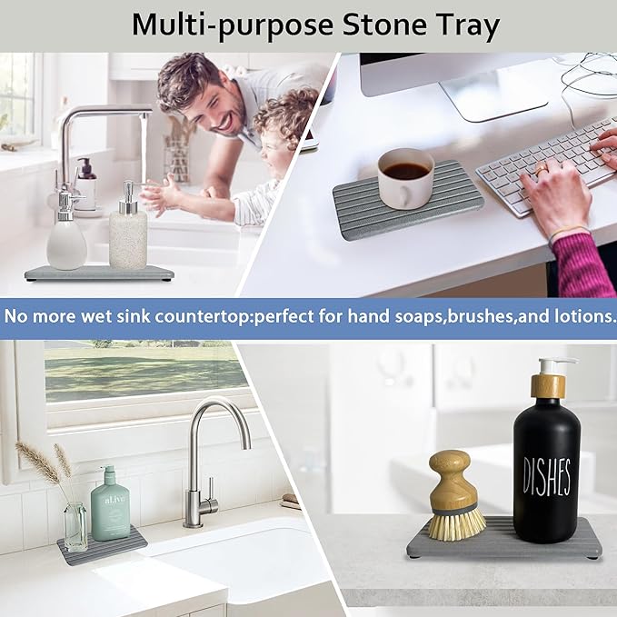 2-Pack Diatomite Soap Tray, Fast-Drying Water Absorbing Stone Tray for Bathroom & Kitchen Sink Counter, Anti-Skid Vanity Tray with Feet, Gray 8.3" x 4.0"